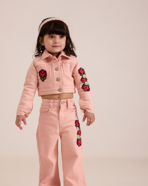 Embroidered padded denim jacket and flared pants