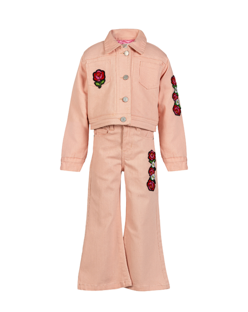 Embroidered padded denim jacket and flared pants
