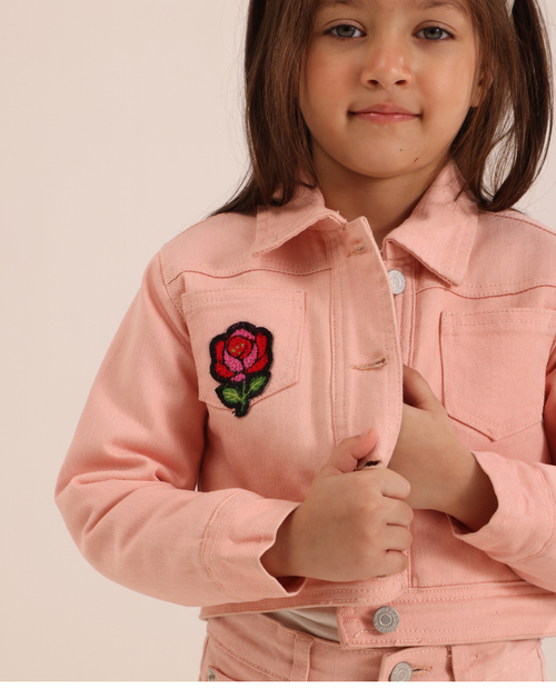 Embroidered padded denim jacket and flared pants