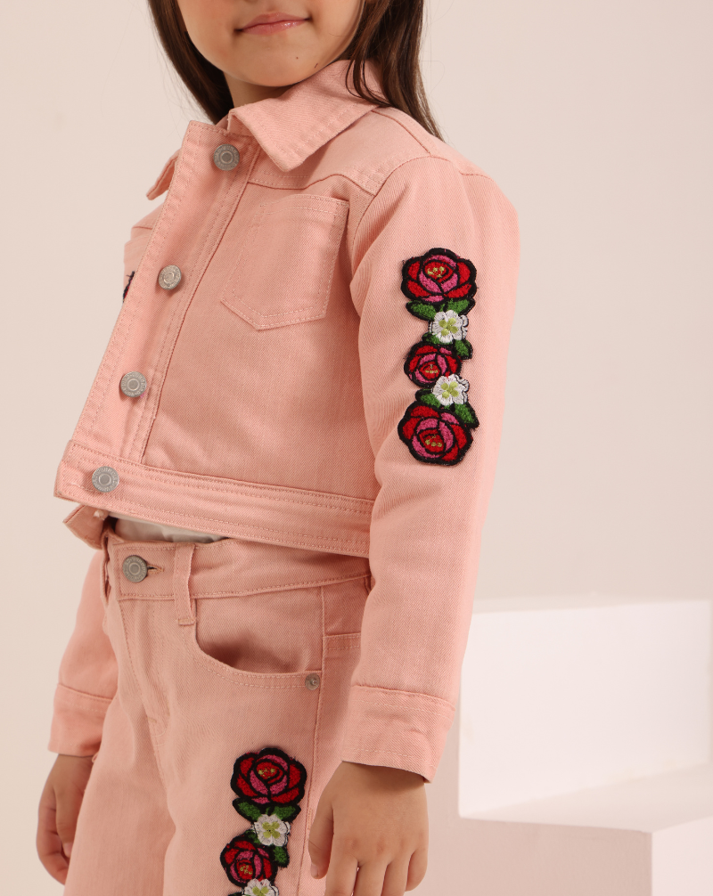 Embroidered Padded Denim Jacket and Flared Pants