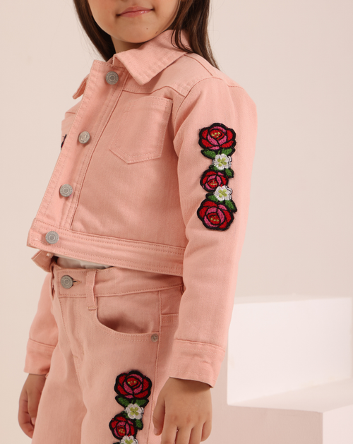 Embroidered padded denim jacket and flared pants