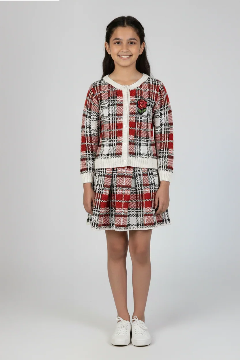 Tartan Wool Cardigan and Skirt Set