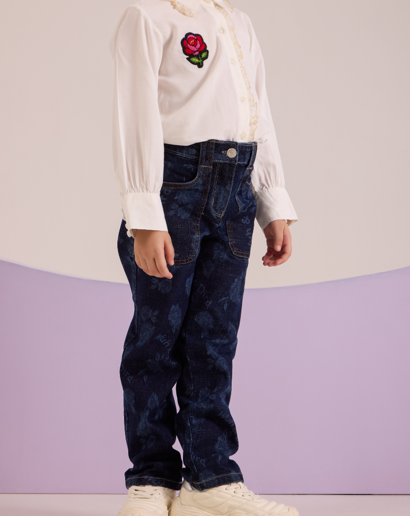 Elastic Waist Jeans with Roses