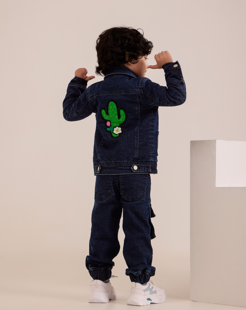 Cactus zip-up padded denim bomber jacket