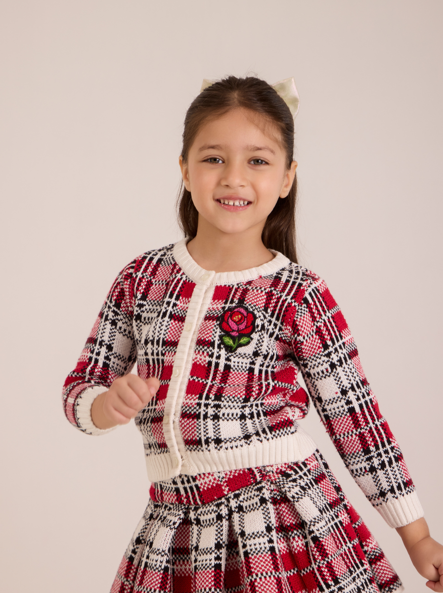 Girls Tartan wool button down cardigan