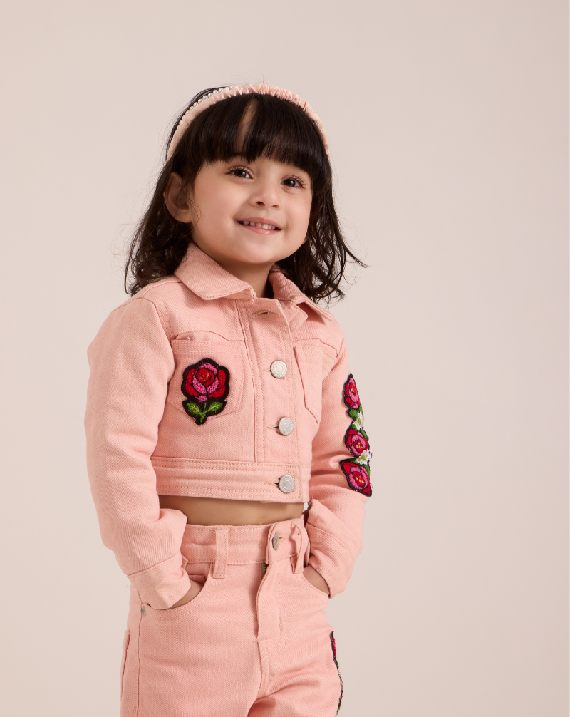 Embroidered Padded Cropped Denim Jacket